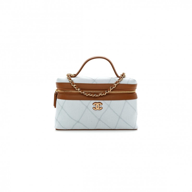 CHANEL WASHED DENIM CALFSKIN QUILTED TOP HANDLE SLIM VANITY CASE WITH CHAIN BLUE BROWN AP5164 (19.5*17*5cm)