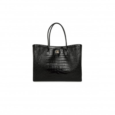 CHANEL LARGE CERF SHOPPING BAG BLACK CROCODILE EMBOSSED CALFSKIN GOLD HARDWARE AS6244 (47*31*15cm)