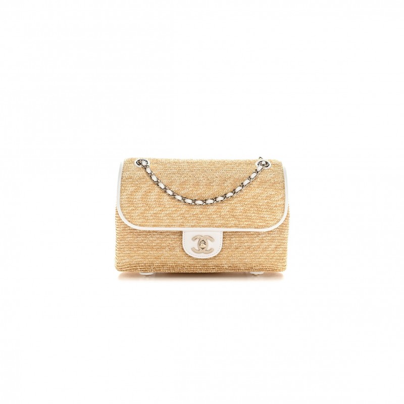 CHANEL RAFFIA LAMBSKIN SMALL FLAP BAG BEIGE WHITE AS6017 (23*16*8cm)