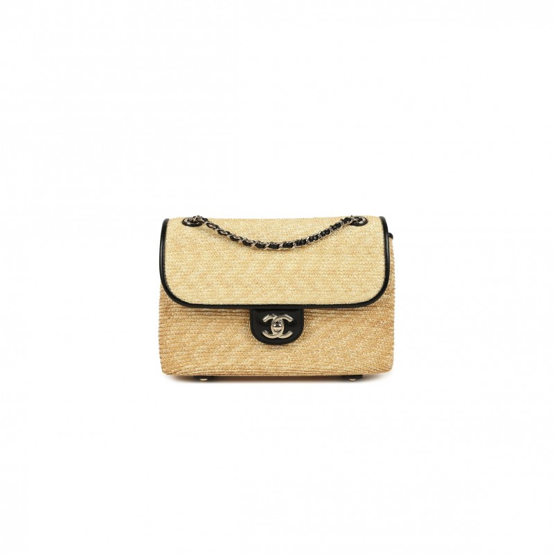 CHANEL MASTER SMALL FLAP BAG BEIGE BRAIDED RAFFIA AND BLACK LAMBSKIN LIGHT GOLD HARDWARE AS6017 (23*16*8cm)