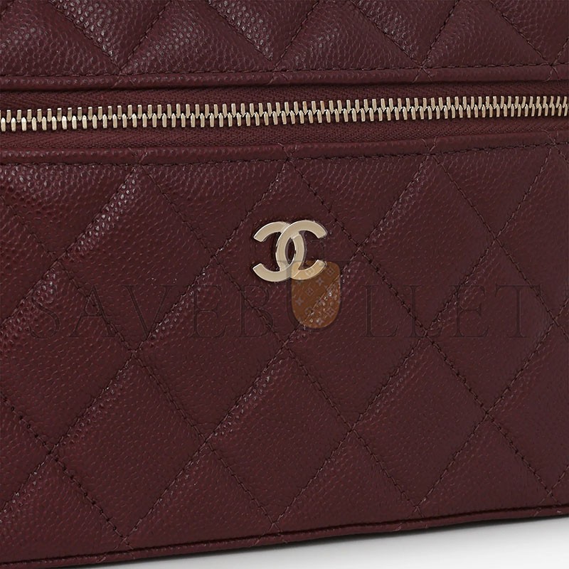 CHANEL TOP HANDLE VANITY WITH CHAIN BURGUNDY CAVIAR  CHAMPAGNE GOLD HARDWARE AP4385 (19*14*5cm)