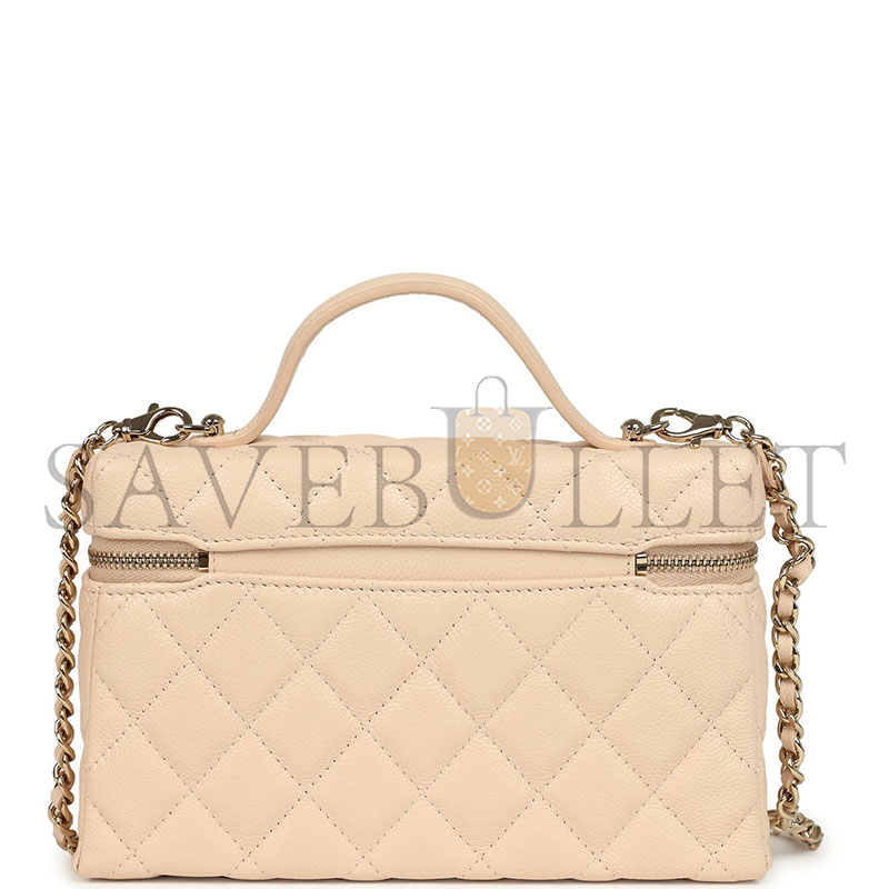 CHANEL TOP HANDLE LONG VANITY CASE WITH CHAIN LIGHT BEIGE SHINY CAVIAR LIGHT GOLD HARDWARE AP4385 (19*14*5cm)