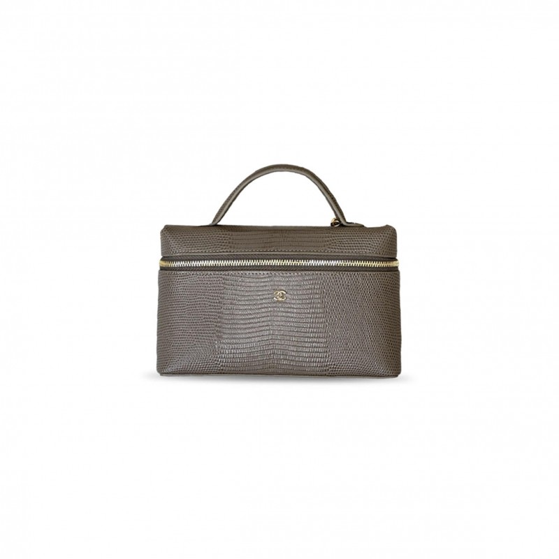 CHANEL TOP HANDLE LONG VANITY CASE WITH CHAIN DARK KHAKI LIZARD EMBOSSED CALFSKIN GOLD HARDWARE (19*12*5cm) 
