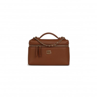 CHANEL MASTER GRAINED CALFSKIN TOP HANDLE SLIM VANITY CASE WITH CHAIN CAMEL CAMEL (19*12*5cm) 