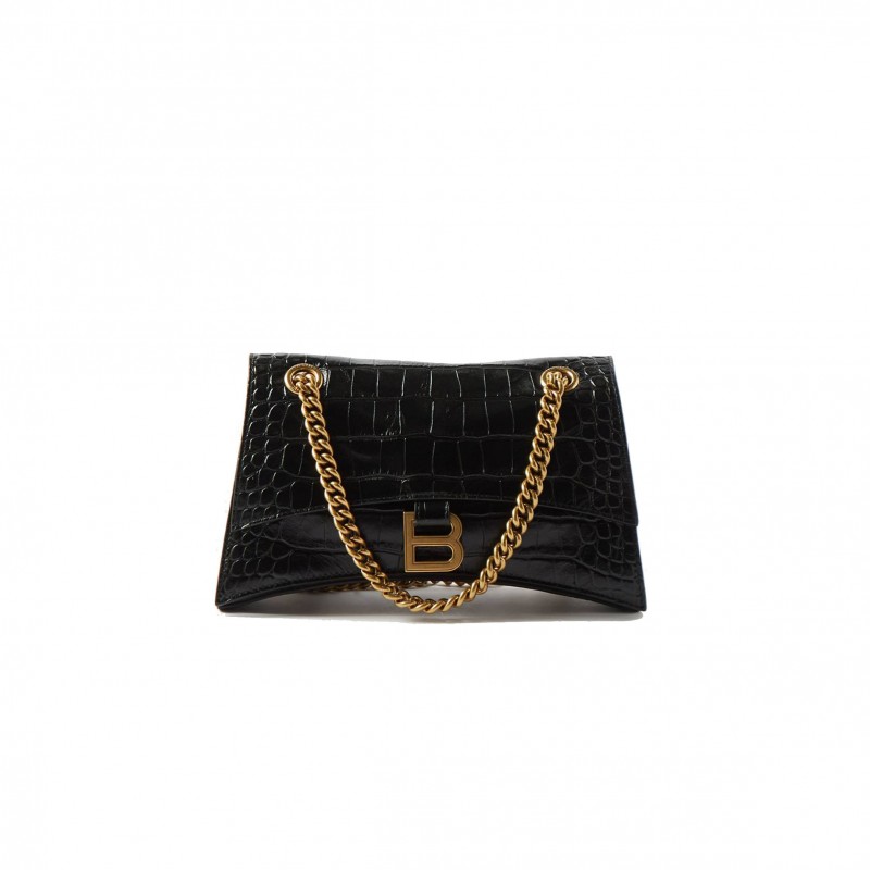 BALENCIAGA BLACK CRUSH CHAIN CROCODILE-EFFECT LEATHER SHOULDER BAG MATCHESFASHION US (25.5*16*6.4cm)