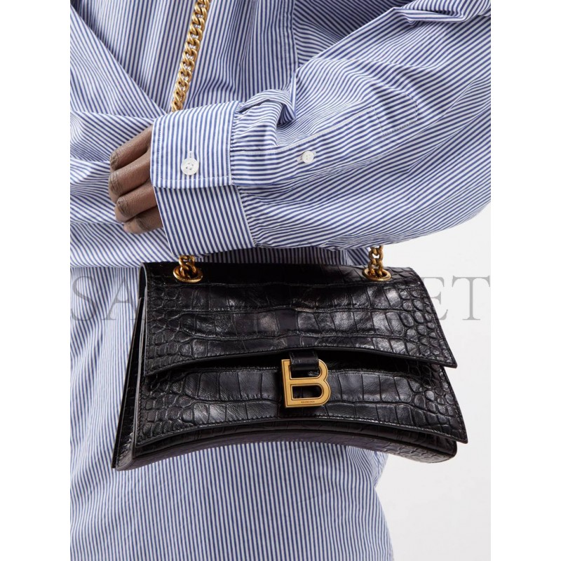 BALENCIAGA BLACK CRUSH CHAIN CROCODILE-EFFECT LEATHER SHOULDER BAG MATCHESFASHION US (25.5*16*6.4cm)