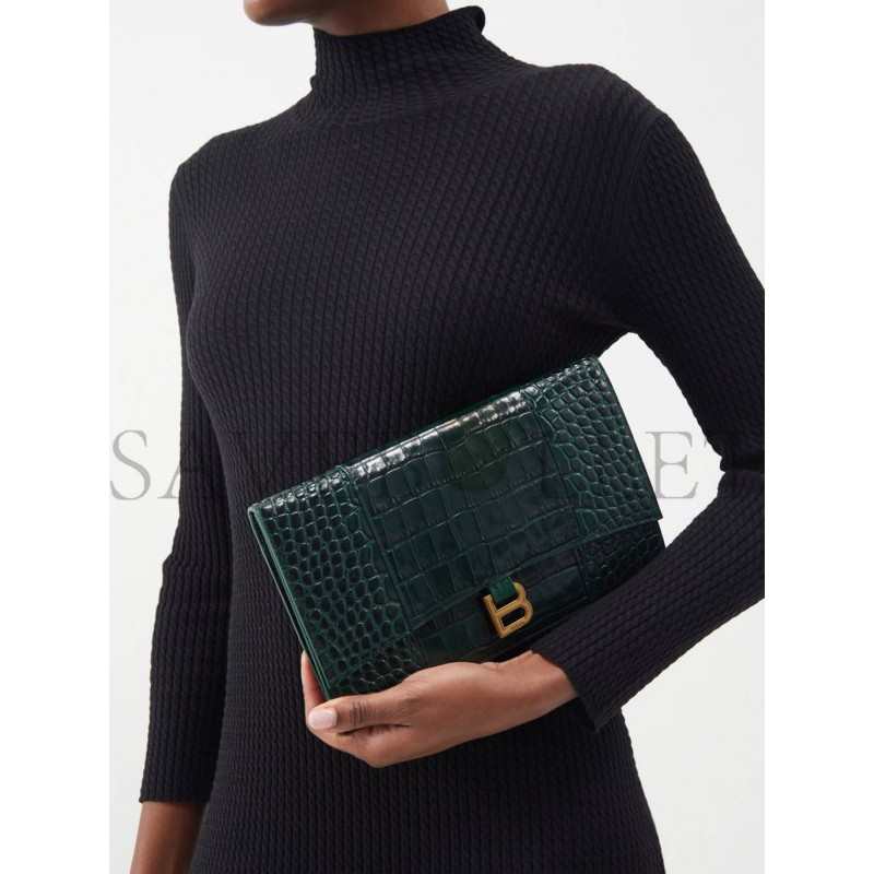 BALENCIAGA GREEN HOURGLASS CROC-EMBOSSED LEATHER POUCH MATCHESFASHION US (27*16cm)