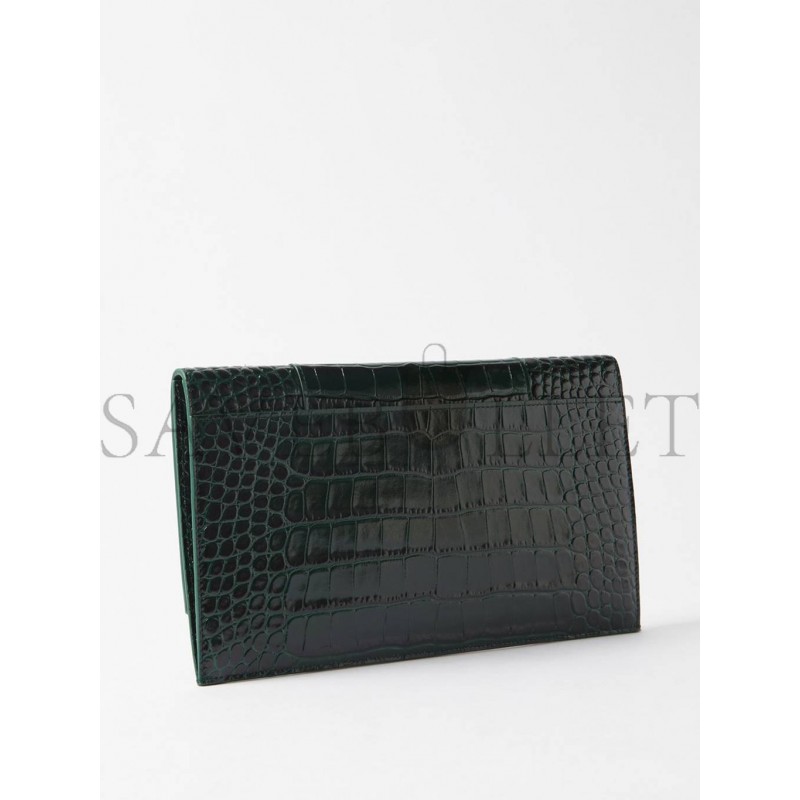 BALENCIAGA GREEN HOURGLASS CROC-EMBOSSED LEATHER POUCH MATCHESFASHION US (27*16cm)