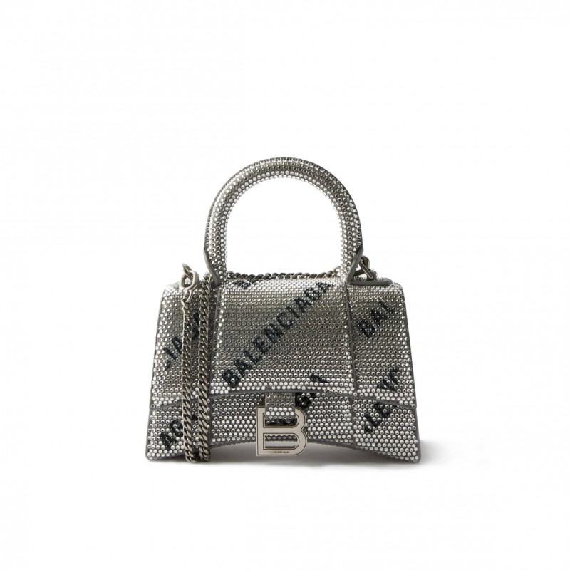 BALENCIAGA SILVER HOURGLASS XS CRYSTAL-EMBELLISHED LEATHER BAG MATCHESFASHION US (19*12*6.6cm)