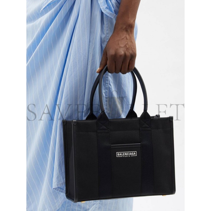 BALENCIAGA BLACK NEO NAVY M LEATHER-TRIMMED CANVAS TOTE BAG  MATCHESFASHION US (34.5*25.9*12.9cm)