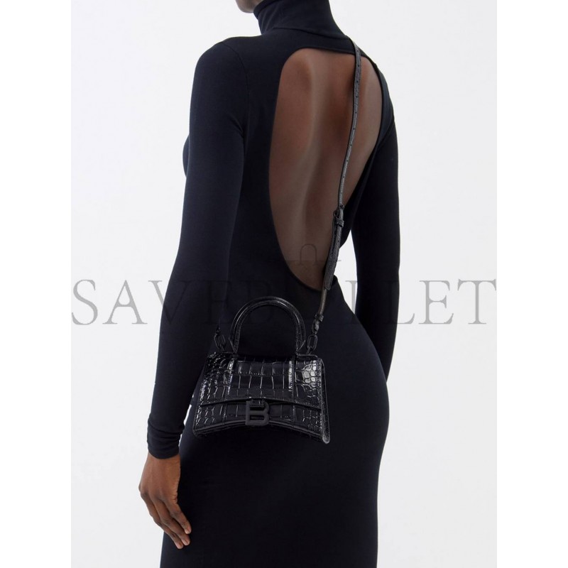 BALENCIAGA BLACK HOURGLASS XS  CROCODILE-EFFECT LEATHER BAG  MATCHESFASHION US (19*12*6.6cm)