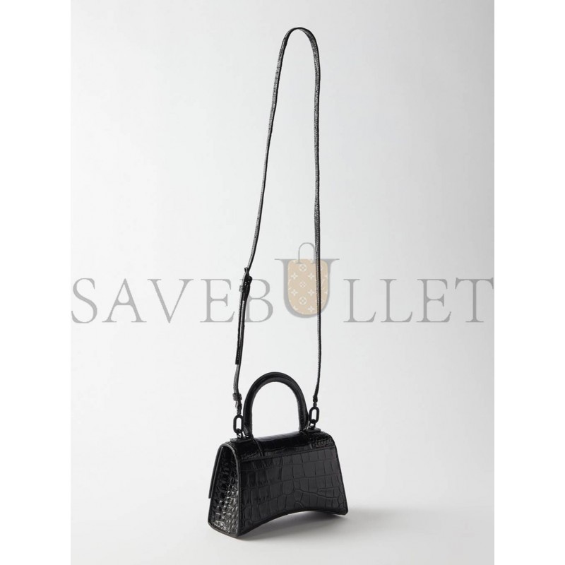 BALENCIAGA BLACK HOURGLASS XS  CROCODILE-EFFECT LEATHER BAG  MATCHESFASHION US (19*12*6.6cm)