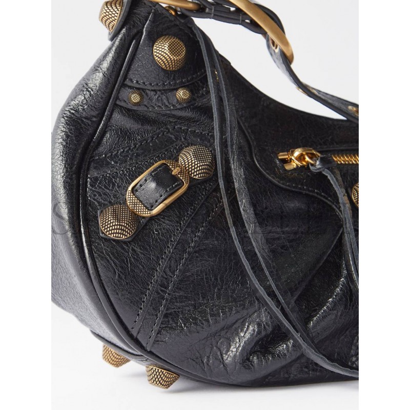 BALENCIAGA BLACK LE CAGOLE S CRACKLED-LEATHER SHOULDER BAG MATCHESFASHION US (34.2*19*8.3cm)