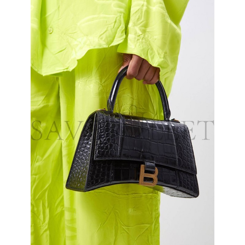 BALENCIAGA BLACK HOURGLASS S CROCODILE-EFFECT LEATHER BAG  MATCHESFASHION US (22.8*15.2*9cm)