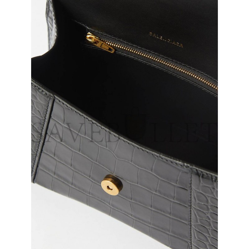 BALENCIAGA BLACK HOURGLASS S CROCODILE-EFFECT LEATHER BAG  MATCHESFASHION US (22.8*15.2*9cm)