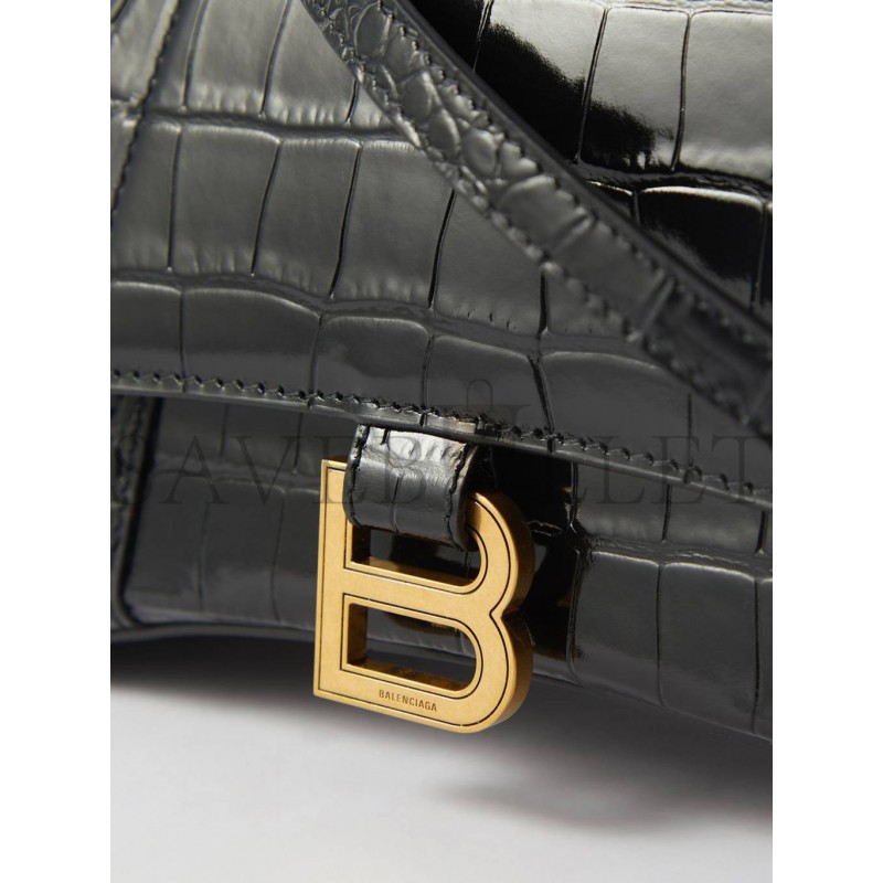 BALENCIAGA BLACK HOURGLASS S CROCODILE-EFFECT LEATHER BAG  MATCHESFASHION US (22.8*15.2*9cm)