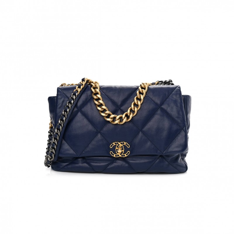 CHANEL GOATSKIN QUILTED MAXI CHANEL 19 FLAP BLUE GOLD HARDWARE (36*24*10cm) CHANEL GOATSKIN QUILTED MAXI CHANEL 19 FLAP BLUE GOLD HARDWARE (36*24*10cm)