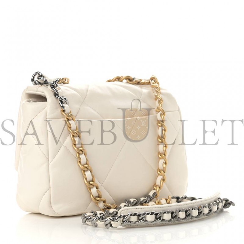 CHANEL GOATSKIN QUILTED MEDIUM CHANEL 19 FLAP WHITE GOLD HARDWARE (27*20*8cm)