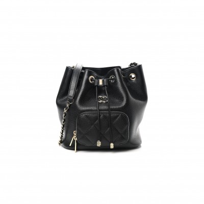 CHANEL MASTER CAVIAR QUILTED CC POCKET BUCKET BAG BLACK ROSE GOLD HARDWARE (19*18*8cm)