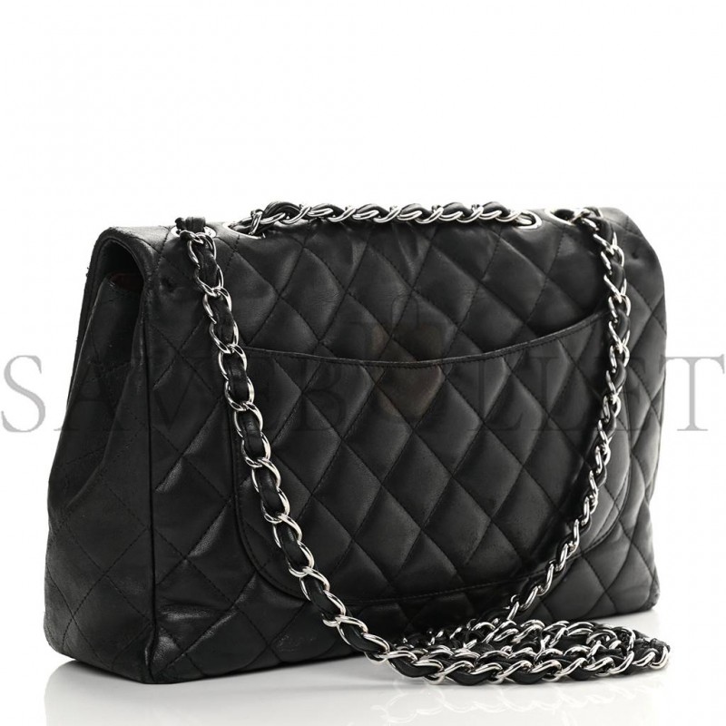 CHANEL LAMBSKIN QUILTED JUMBO SINGLE FLAP BLACK SILVER HARDWARE (30*20*9cm) CHANEL LAMBSKIN QUILTED JUMBO SINGLE FLAP BLACK SILVER HARDWARE (30*20*9cm)