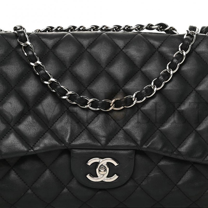CHANEL LAMBSKIN QUILTED JUMBO SINGLE FLAP BLACK SILVER HARDWARE (30*20*9cm) CHANEL LAMBSKIN QUILTED JUMBO SINGLE FLAP BLACK SILVER HARDWARE (30*20*9cm)