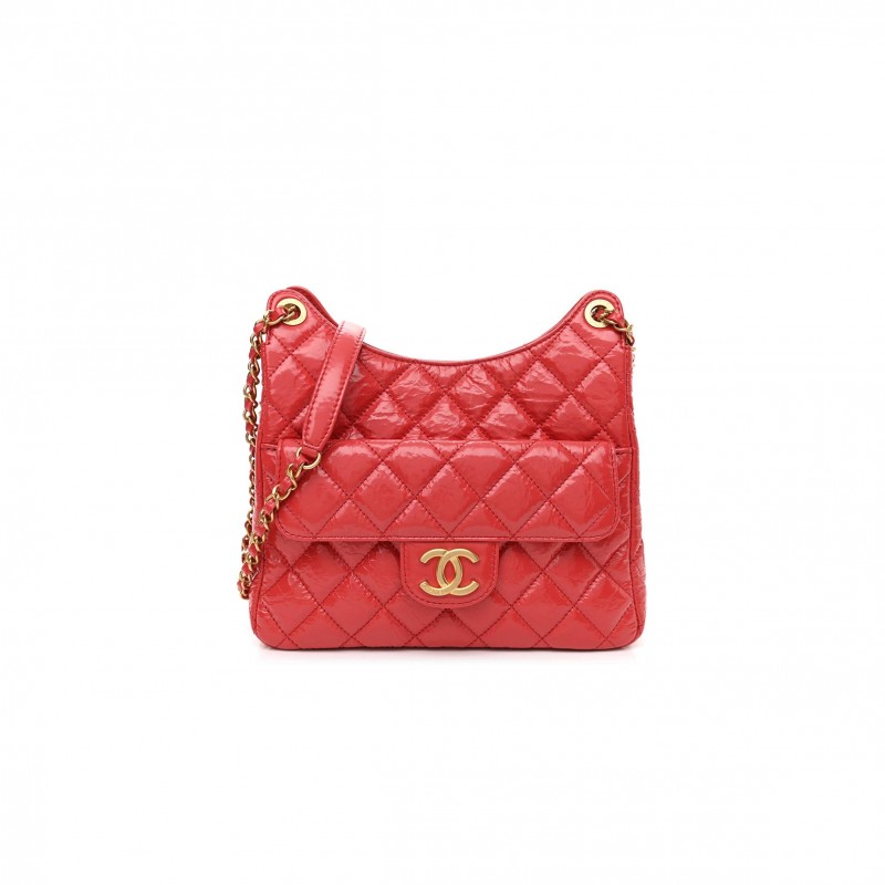 CHANEL SHINY CRUMPLED CALFSKIN QUILTED SMALL HOBO RED GOLD HARDWARE (22*17*7cm)