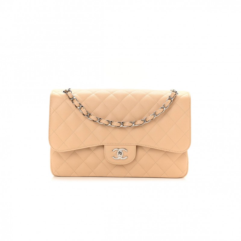 CHANEL CAVIAR QUILTED JUMBO DOUBLE FLAP BEIGE SILVER HARDWARE (30*19*9cm) CHANEL CAVIAR QUILTED JUMBO DOUBLE FLAP BEIGE SILVER HARDWARE (30*19*9cm)