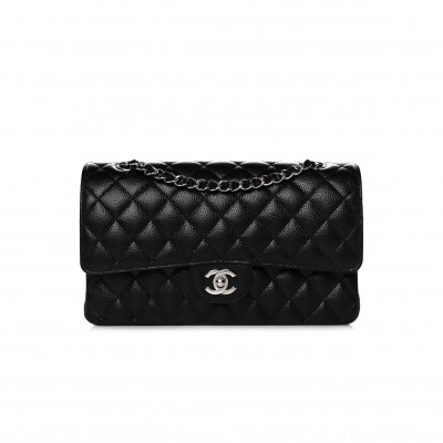 CHANEL CAVIAR QUILTED MEDIUM DOUBLE FLAP BLACK SILVER HARDWARE (25*15*6cm)