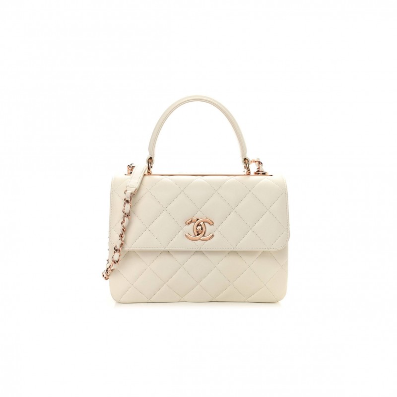 CHANEL LAMBSKIN QUILTED SMALL TRENDY CC DUAL HANDLE FLAP BAG WHITE ROSE GOLD HARDWARE (25*17*6cm)