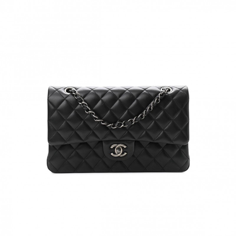 CHANEL LAMBSKIN QUILTED SMALL DOUBLE FLAP BLACK SILVER HARDWARE (25*15*6cm)