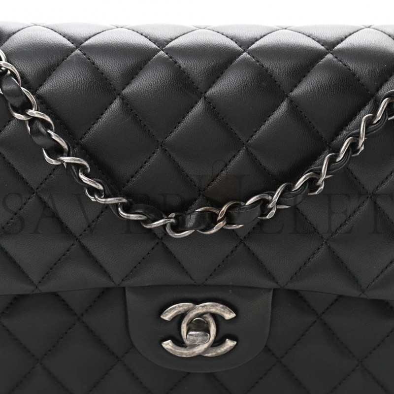 CHANEL LAMBSKIN QUILTED SMALL DOUBLE FLAP BLACK SILVER HARDWARE (25*15*6cm)