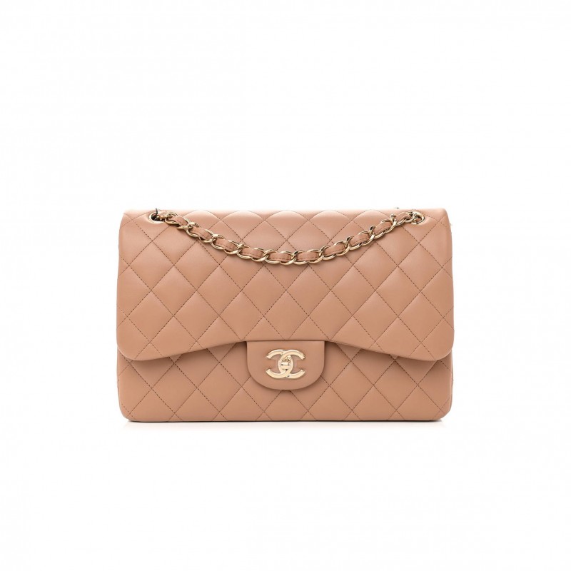 CHANEL LAMBSKIN QUILTED JUMBO DOUBLE FLAP DARK BEIGE ROSE GOLD HARDWARE (31*19*9cm)