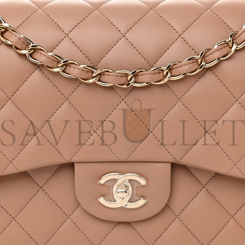 CHANEL LAMBSKIN QUILTED JUMBO DOUBLE FLAP DARK BEIGE ROSE GOLD HARDWARE (31*19*9cm)