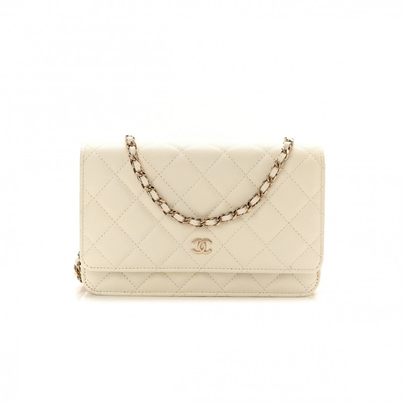 CHANEL CAVIAR QUILTED WALLET ON CHAIN WOC WHITE ROSE GOLD HARDWARE (19*12*4cm)