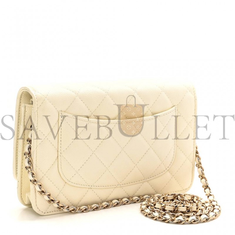 CHANEL CAVIAR QUILTED WALLET ON CHAIN WOC WHITE ROSE GOLD HARDWARE (19*12*4cm)