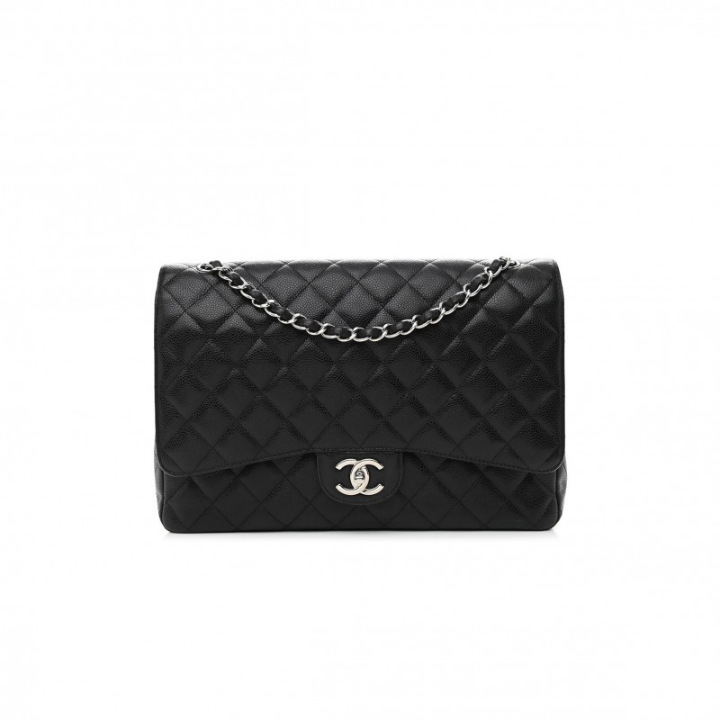 CHANEL CAVIAR QUILTED MAXI DOUBLE FLAP BLACK SILVER HARDWARE (33*24*9cm)