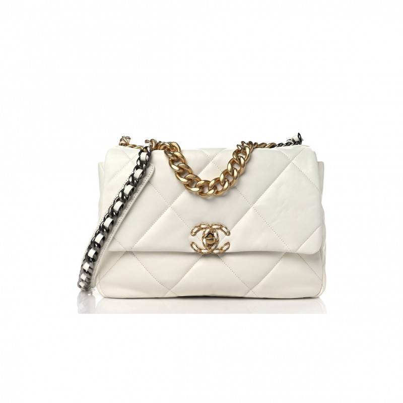 CHANEL LAMBSKIN QUILTED LARGE CHANEL 19 FLAP WHITE GOLD HARDWARE (30*20*9cm)