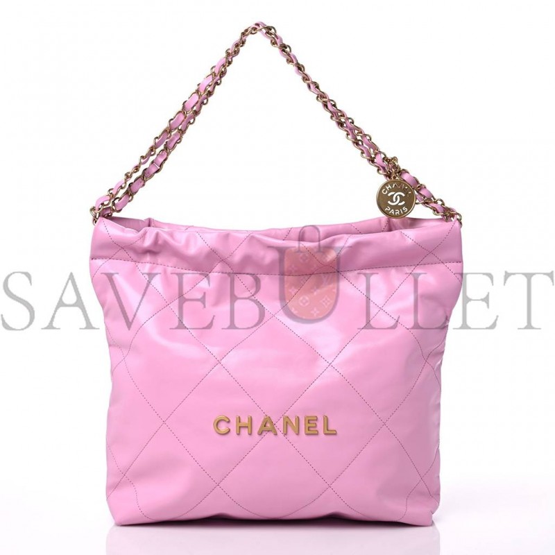 CHANEL SHINY CALFSKIN QUILTED SMALL CHANEL 22 PINK GOLD HARDWARE (37*35*7cm)