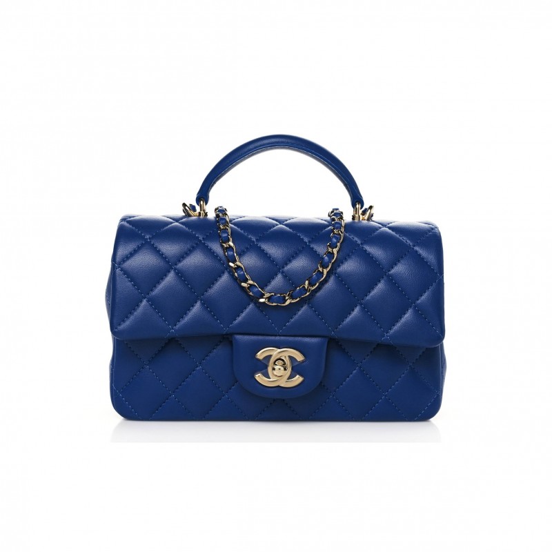 CHANEL LAMBSKIN QUILTED MINI TOP HANDLE RECTANGULAR FLAP BLUE ROSE GOLD HARDWARE (20*12*6cm) CHANEL LAMBSKIN QUILTED MINI TOP HANDLE RECTANGULAR FLAP BLUE ROSE GOLD HARDWARE (20*12*6cm)