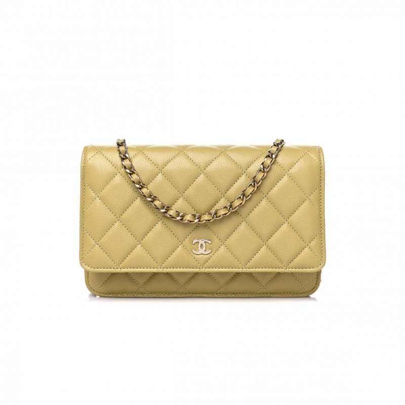 CHANEL CAVIAR QUILTED WALLET ON CHAIN WOC LIGHT GREEN ROSE GOLD HARDWARE (19*11*4cm)