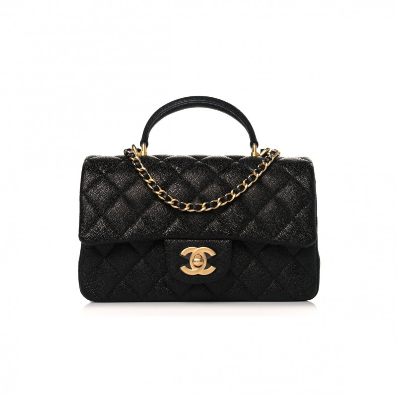 CHANEL CAVIAR QUILTED MINI TOP HANDLE RECTANGULAR FLAP BLACK GOLD HARDWARE (20*13*6cm)