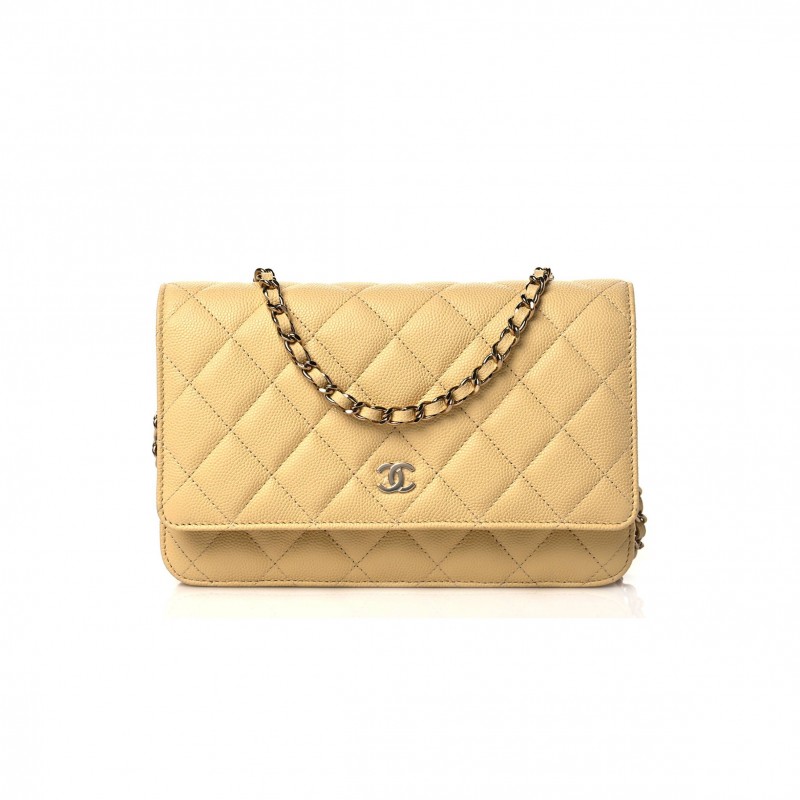 CHANEL CAVIAR QUILTED WALLET ON CHAIN WOC LIGHT YELLOW ROSE GOLD HARDWARE (19*12*3cm)