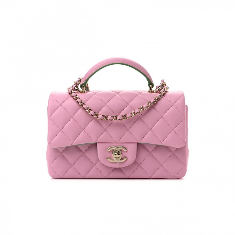 CHANEL LAMBSKIN QUILTED MINI TOP HANDLE RECTANGULAR FLAP LILAC LIGHT GREEN ROSE GOLD HARDWARE (20*12*6cm)