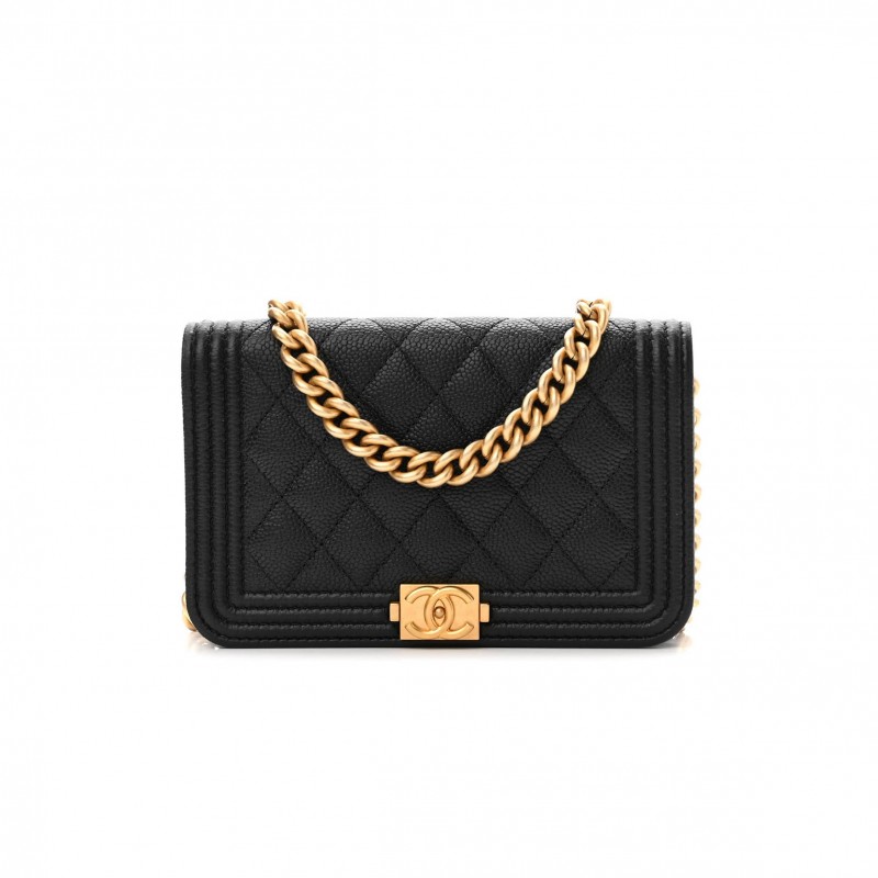 CHANEL CAVIAR QUILTED BOY WALLET ON CHAIN WOC BLACK GOLD HARDWARE (19*13*5cm)