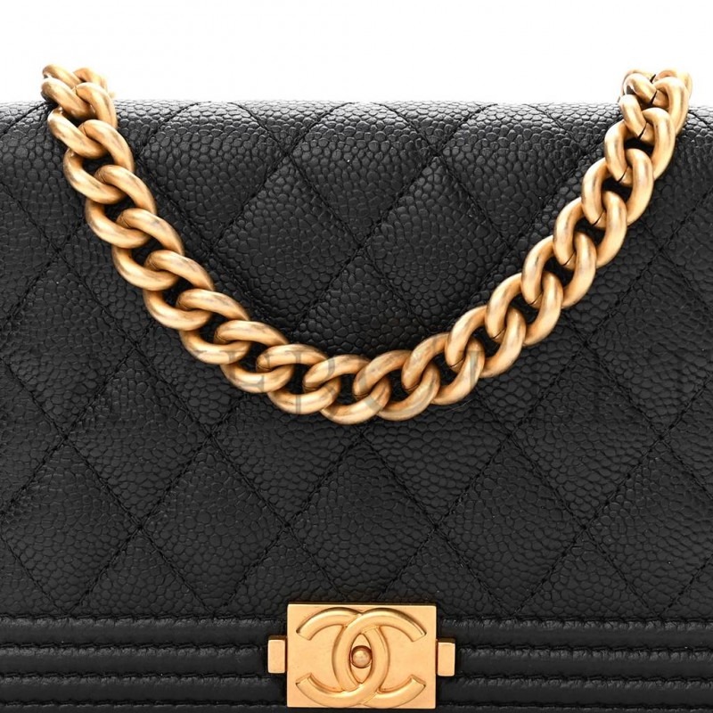 CHANEL CAVIAR QUILTED BOY WALLET ON CHAIN WOC BLACK GOLD HARDWARE (19*13*5cm)