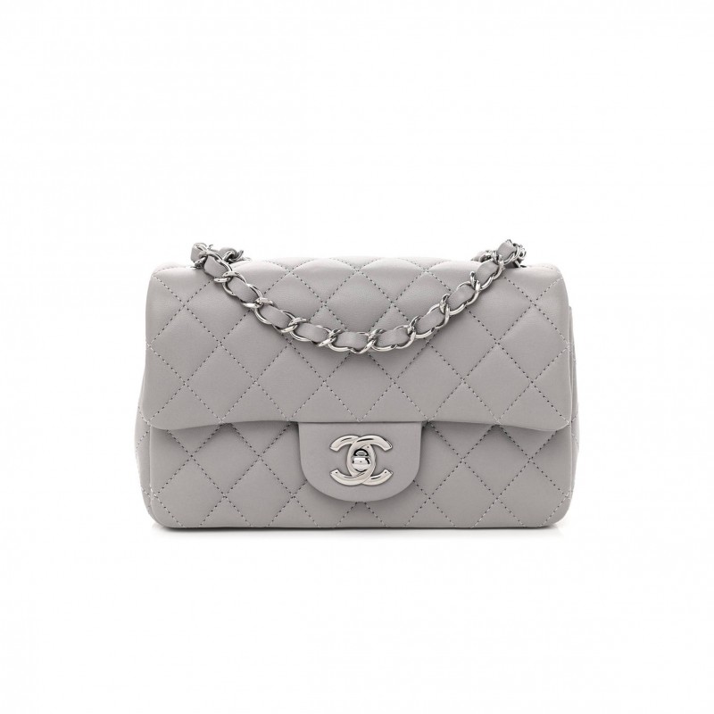 CHANEL LAMBSKIN QUILTED MINI RECTANGULAR FLAP GREY SILVER HARDWARE (20*12*6cm)