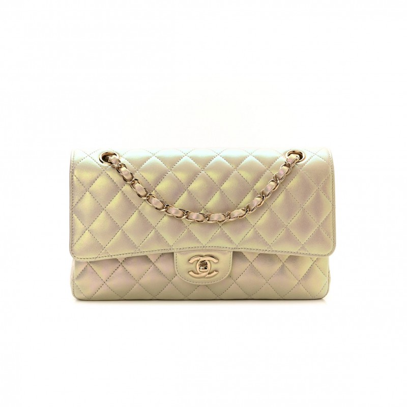 CHANEL IRIDESCENT LAMBSKIN QUILTED MEDIUM DOUBLE FLAP IVORY ROSE GOLD HARDWARE (25*15*6cm)