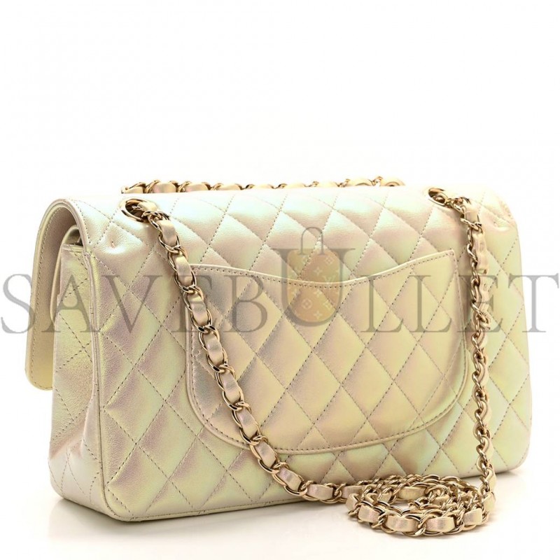 CHANEL IRIDESCENT LAMBSKIN QUILTED MEDIUM DOUBLE FLAP IVORY ROSE GOLD HARDWARE (25*15*6cm)