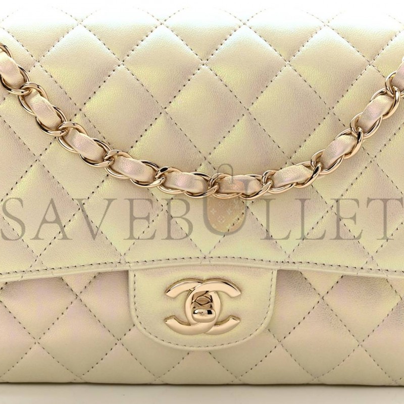 CHANEL IRIDESCENT LAMBSKIN QUILTED MEDIUM DOUBLE FLAP IVORY ROSE GOLD HARDWARE (25*15*6cm)