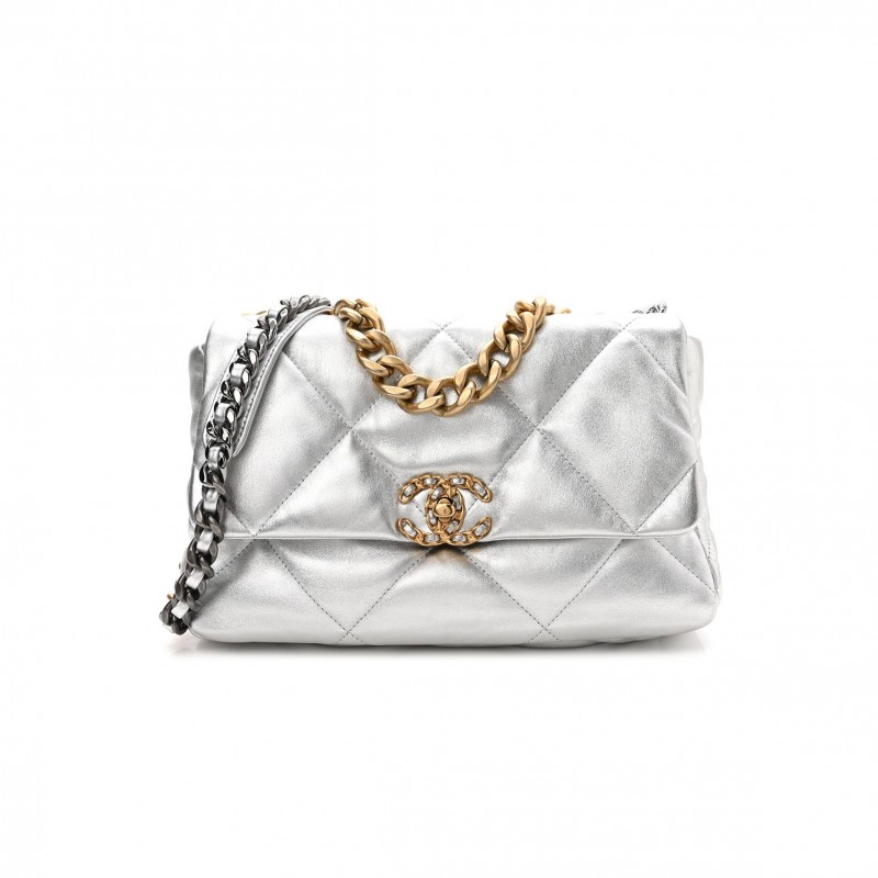 CHANEL METALLIC GOATSKIN QUILTED LARGE CHANEL 19 FLAP SILVER GOLD HARDWARE (30*21*9cm)